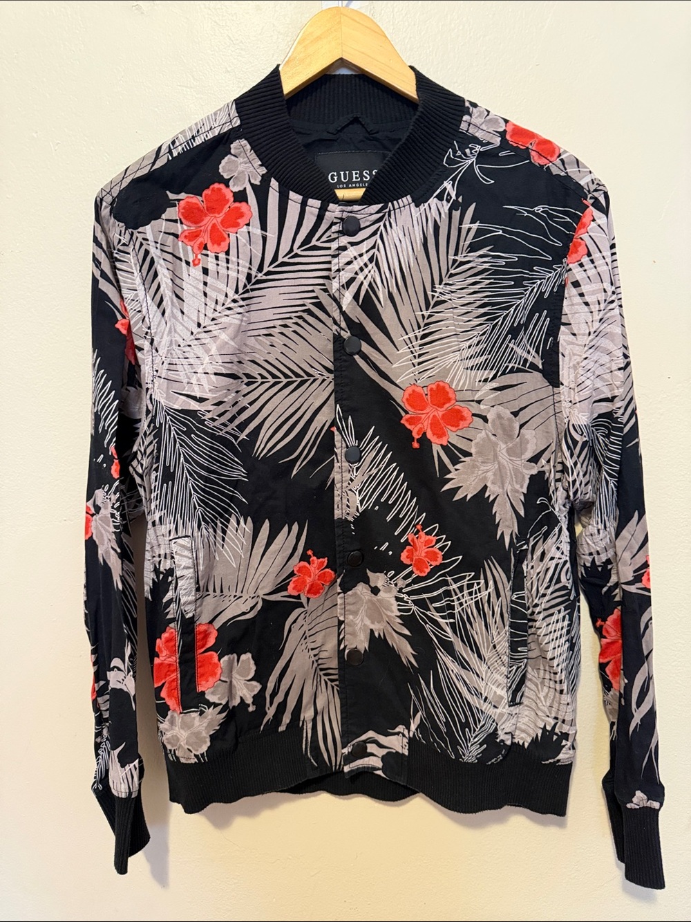 GUESS Black Bomber Zip-Up Sweater with Red Floral Print
